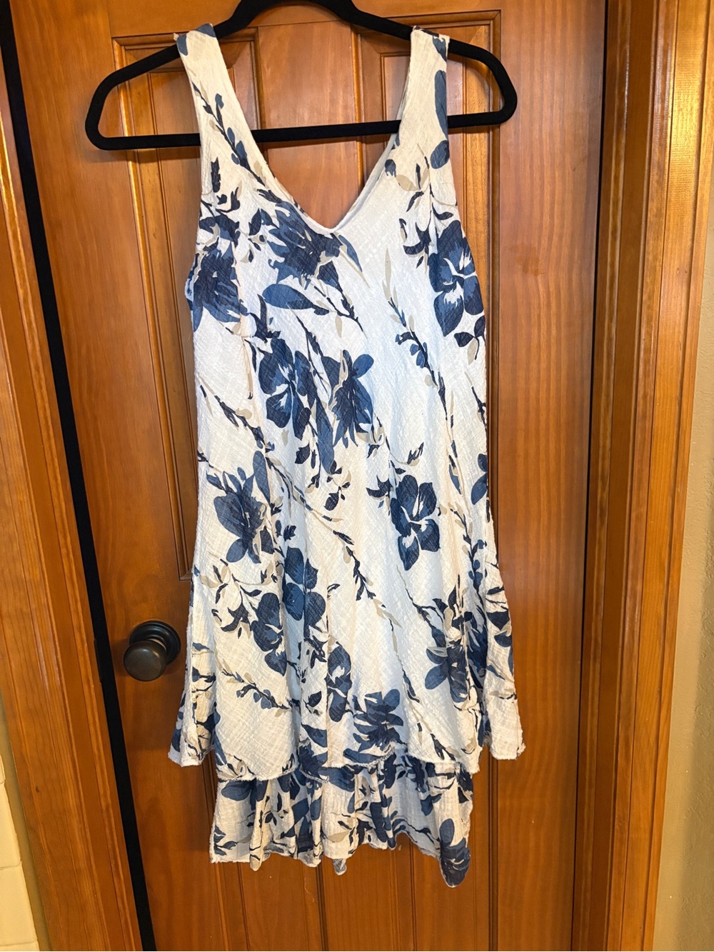 Sleeveless White Dress with Blue Floral Print